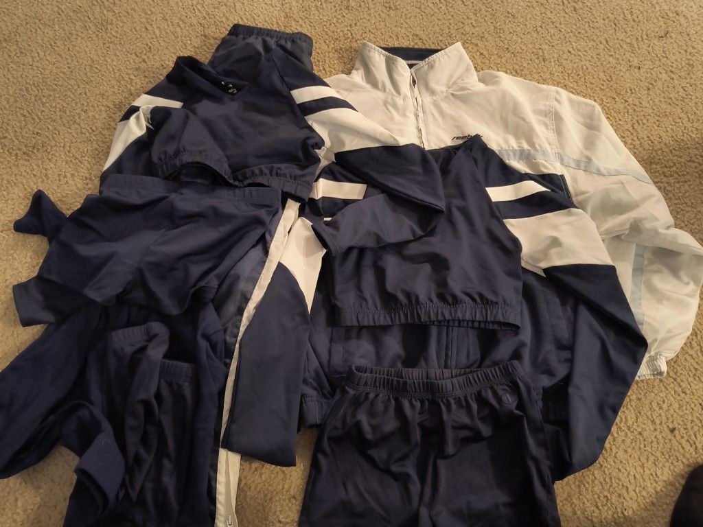 Huge lot of three cheerleader/dance team navy blue and white outfits ranging Y XS to Y M