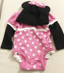 disney store 2pc pink minnie mouse costume: longsleeve baby bodysuit size 6 to 12 months & beanie