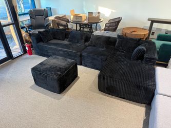 Black Corduroy Sectional Sofa with Ottoman