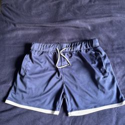 Men's Navy Blue Athletic Shorts with Drawstring, Adjustable Waist, White Trim