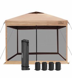 10x10 Pop-Up Canopy Tent, Waterproof Portable Shade with Screen Walls, Adjustable Instant Outdoor Shelter for Camping, Backyard, and Events, Khaki