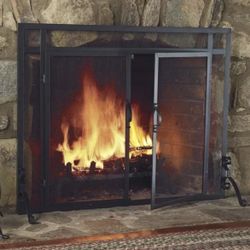 Plow & Hearth Metal Fireplace Screen Flatguard Black | 38" W x 31" H | 2 - Door 