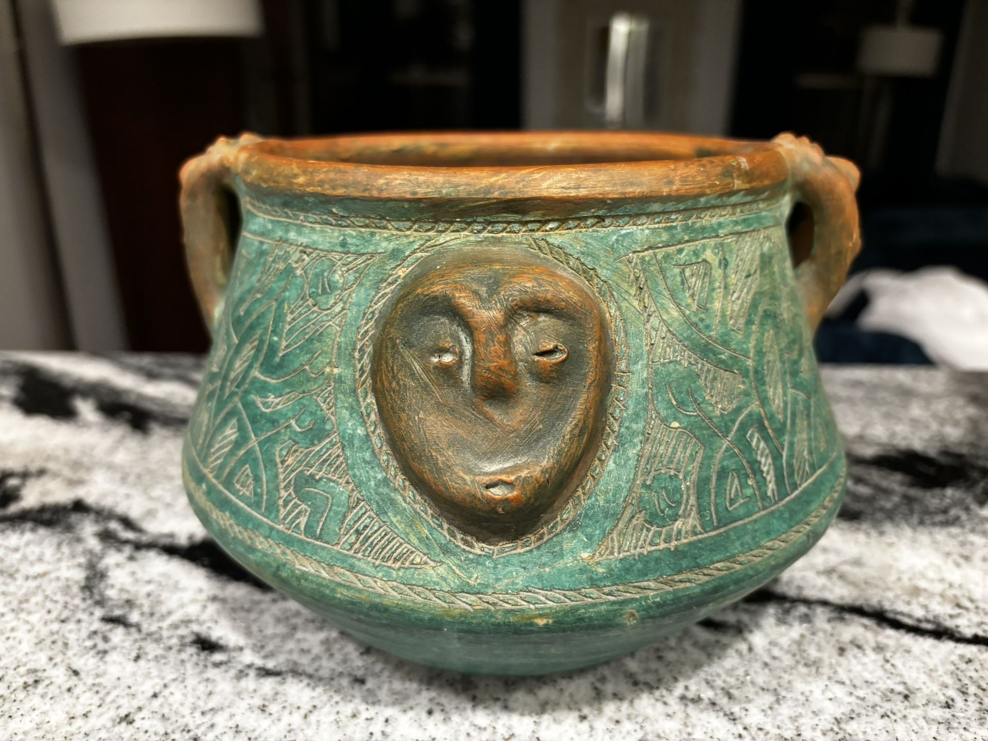 Unique Clay Green Vase With Faces / Flower Pot