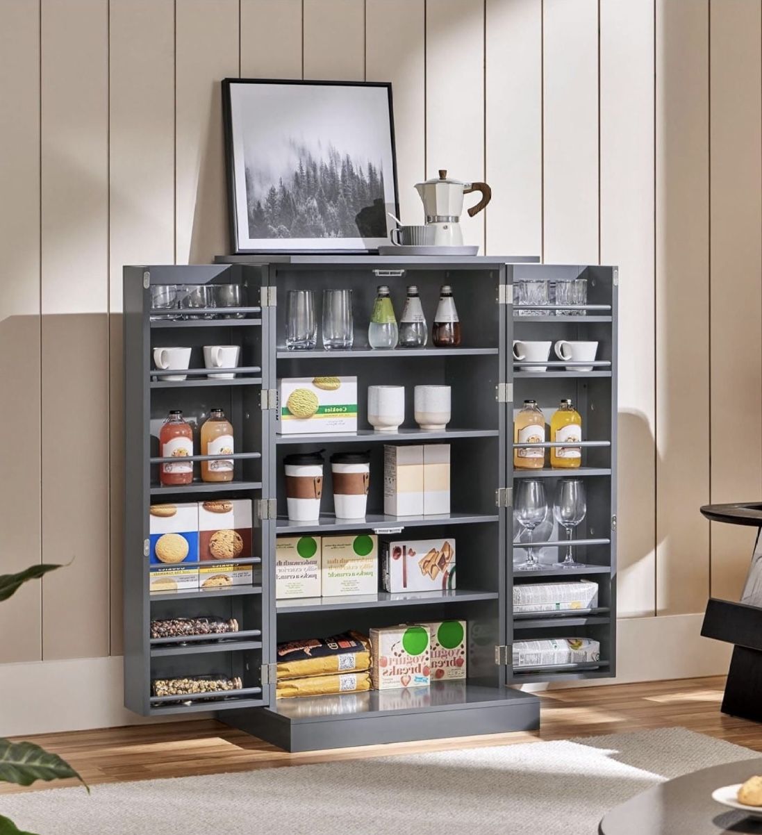 Storage Cabinet, Kitchen Pantry Cabinet with Door and 6 Adjustable Shelves, Storage Organizer for Living Room, Laundry, Bathroom, Gray