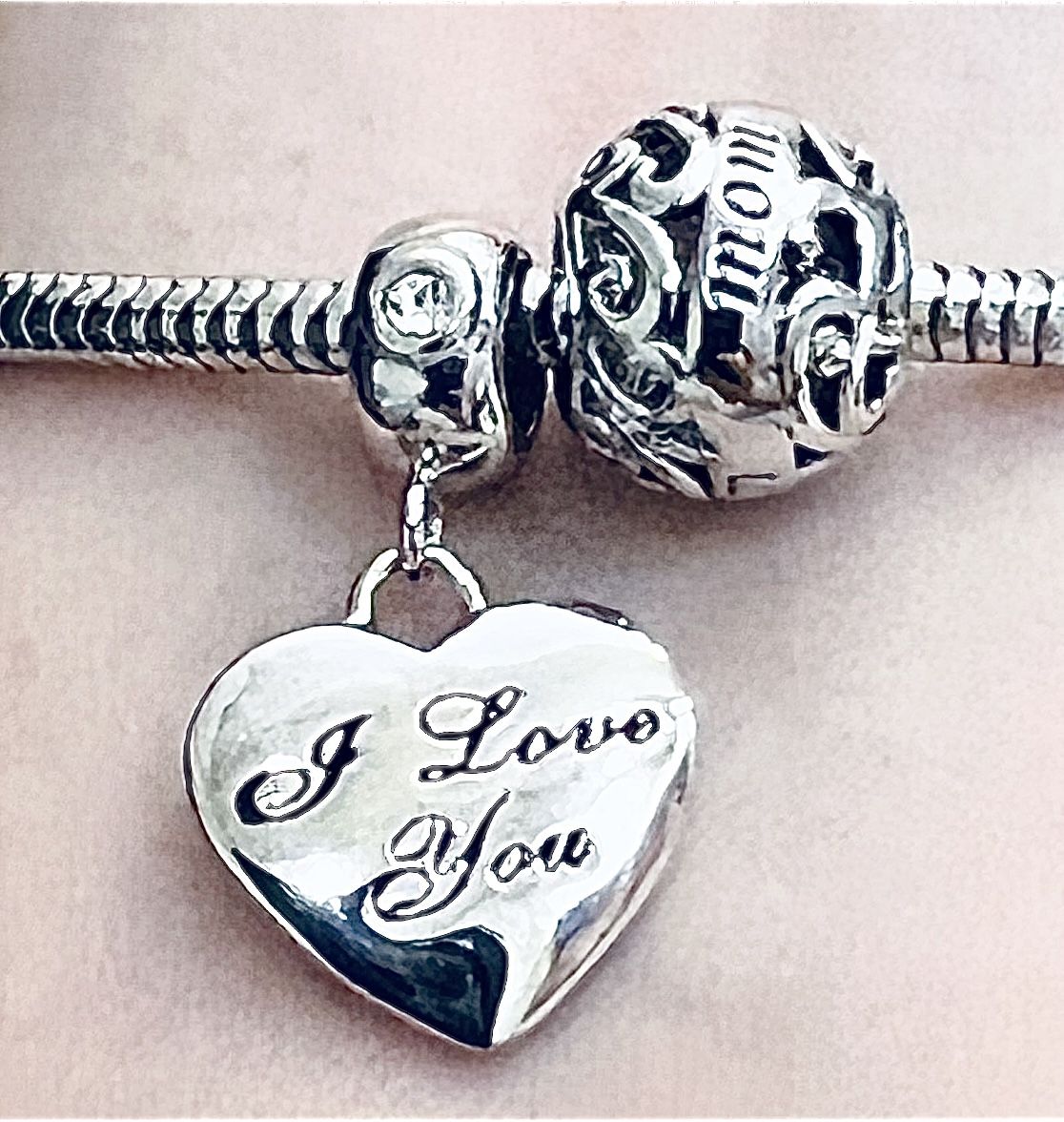 2 Charms For Pandora 925 Sterling Silver I Love You. Dangle MOM Charm 