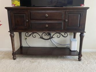 Dark Wood Console Table with Drawers and Cabinets