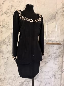 Vintage Tadashi Black Pearl Embellished 2 Piece Skirt Suit Size L NWT Made USA