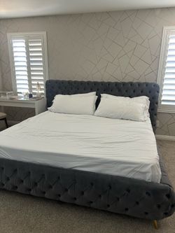 King Bed Frame Gray, brass legs