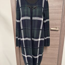 Anne Klein Womens Long Plaid Cardigan Sweater Jacket Size L Navy Green Checkered