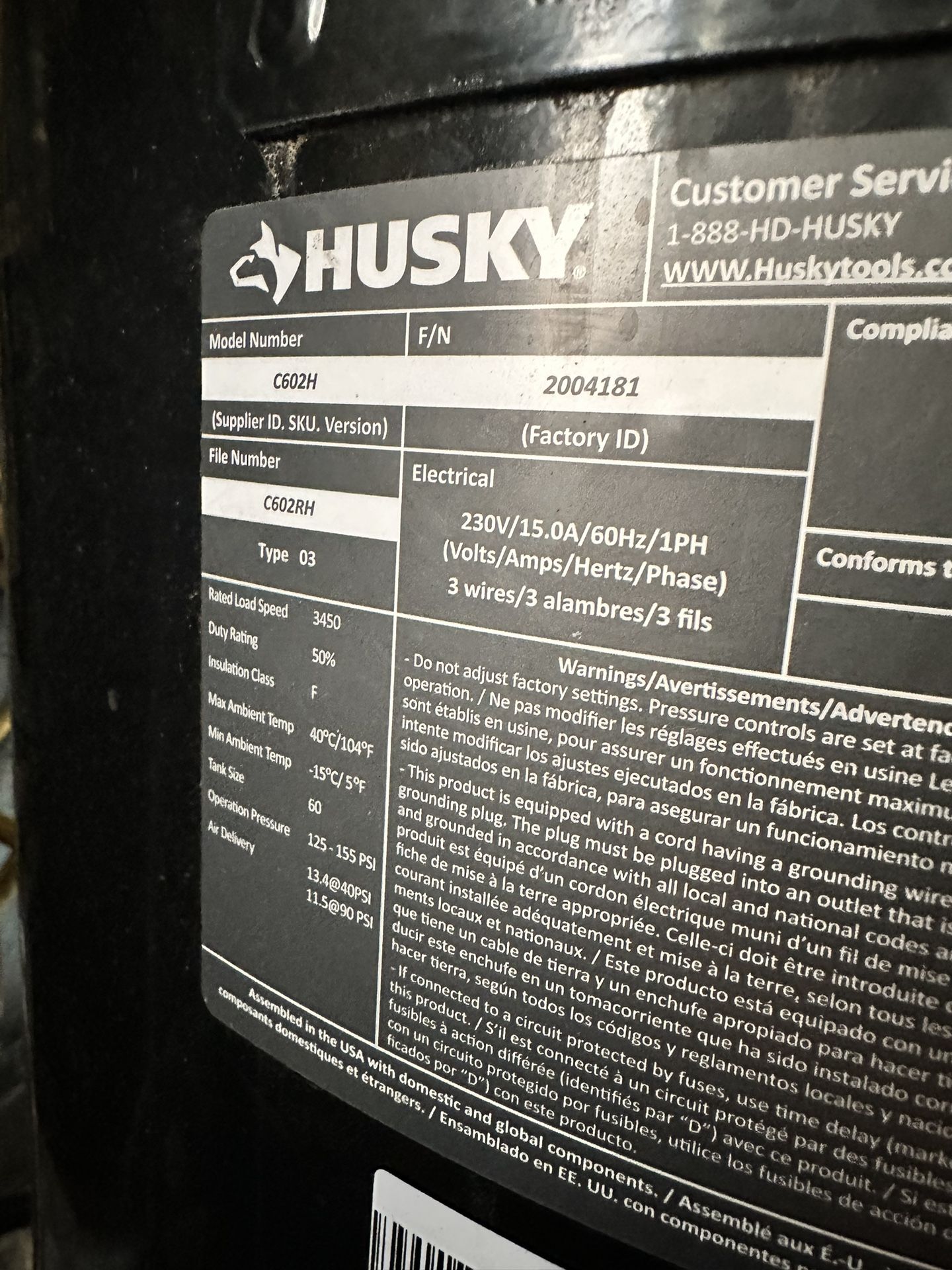 Husky C602H 60 Gal Home Depot Air Compressor Needs Motor for Sale in