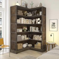 Wood Corner Book Shelf, 5 Tier 65 Inch Tall Bookshelf with Storage, Floor Standing Display Book Shelf for Living Room, Kitchen, Home Office, Rustic Br