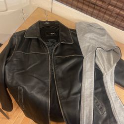 Men’s Black Leather Jacket with Zip In Hoodie MENS LARGE