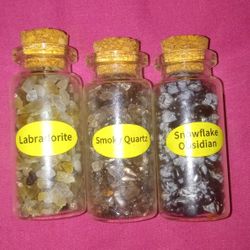 Small Jars Of Labradorite, Snowflake Obsidian And Smokey Quartz 