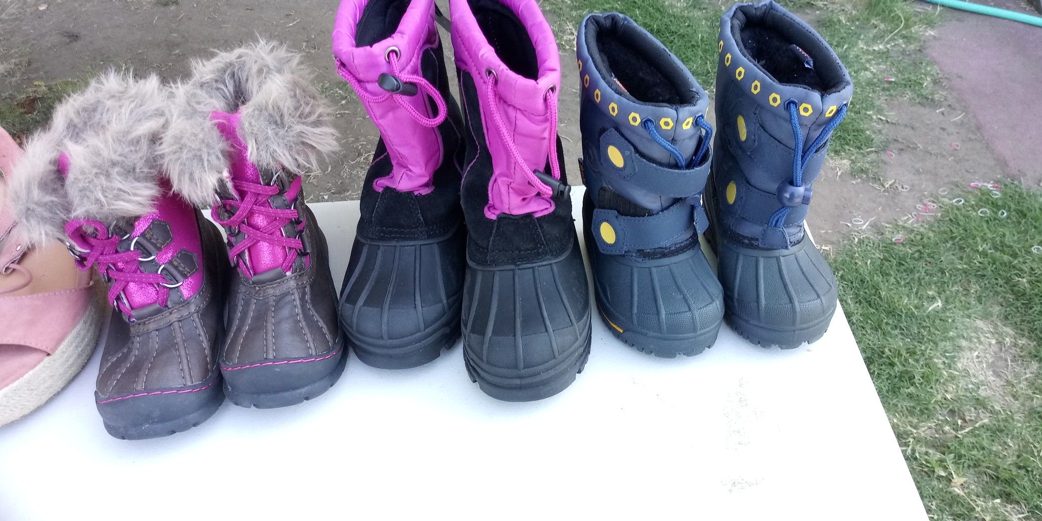 Snow boots size 5/6 13 and 11 snow bib size 18 months and snow gloves