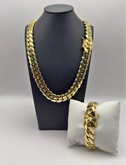 Gold Cuban Link Chain and Bracelet Set