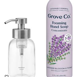 Grove Co. Foaming Hand Soap Concentrate (12 Fl Oz) + Reuseable Glass Soap Dispenser, Plastic Free and Liquid Refillable Starter Kit, Natural Lavender 