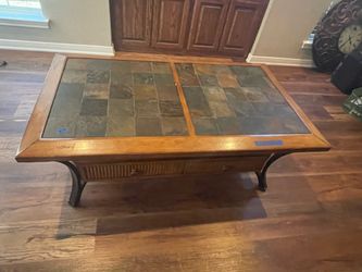 Wood and Slate Tile Top Coffee Table