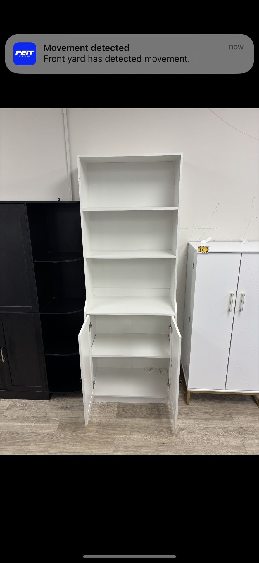 New tall storage cabinet with doors and shelves