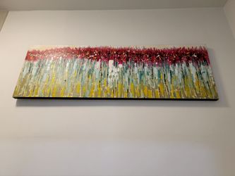 A radiant, panoramic-format abstract painting that evokes a semi-abstract natural landscape, M. 59", 20", 1.1/2".