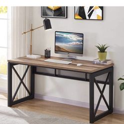 Industrial Home Office Desks, Rustic Wood Computer Desk, Farmhouse Sturdy Metal Writing Desk (60 Inch, Vintage Oak)