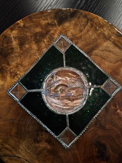 German Oberammergau Stained Glass & Copper Wall Plaque / Suncatcher 6.25"