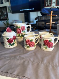 Pink Rose 7 Piece Ceramic Coffee Set Roses Pot 4 Mugs Sugar Bowl KK Ceramics