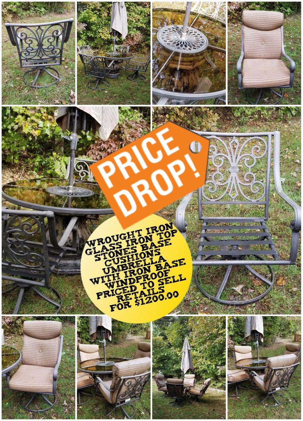 Outdoor wrought iron table and rocking chairs swivel