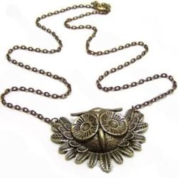 NEW Feathered OWL HEAD pendant NECKLACE vintage brass WISE BIRD