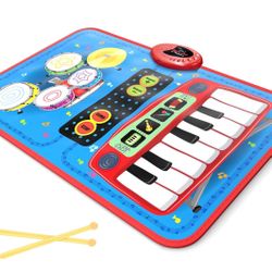 2-in-1 Musical Mat Toys for 1 2 3 4 5 Year Old, Piano Keyboard & Drum Set with 2 Drum Sticks, Early Educational Musical Learning Toys Birthday for 1 2