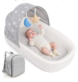 Portable Newborn Nest Lounger with Canopy & Mosquito Net-Lightweight Foldable Newborn Play Support & pad and Washable Cover, Indoor-Outdoor Use (Grey)