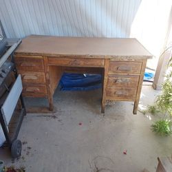 Solid Wood Desk, With Chair And Locking Center Drawer Make Offer Great Project For Office  Or Business  Or Home  