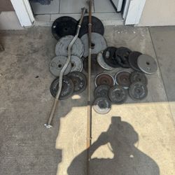 Standard weights 236lbs total plus curl bar and straight bar