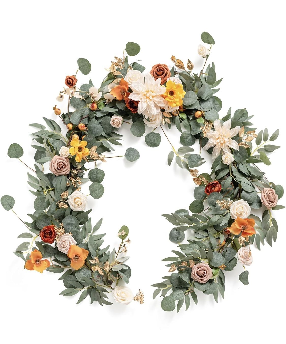 Ling's Moment Fall Flower Garland - 6FT Eucalyptus & Rose - Sweetheart Table Decor for Wedding Reception, Artificial Floral Garland for Mantle, Thanks