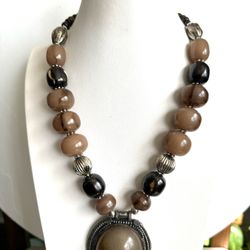 vintage and beautiful handmade Tibetan necklace with Amber resin and Tibetan silver 21”inch long