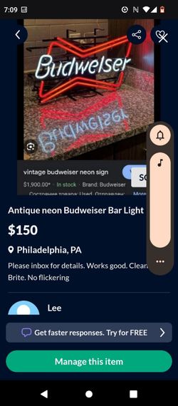 Antique neon Budweiser Bar Light