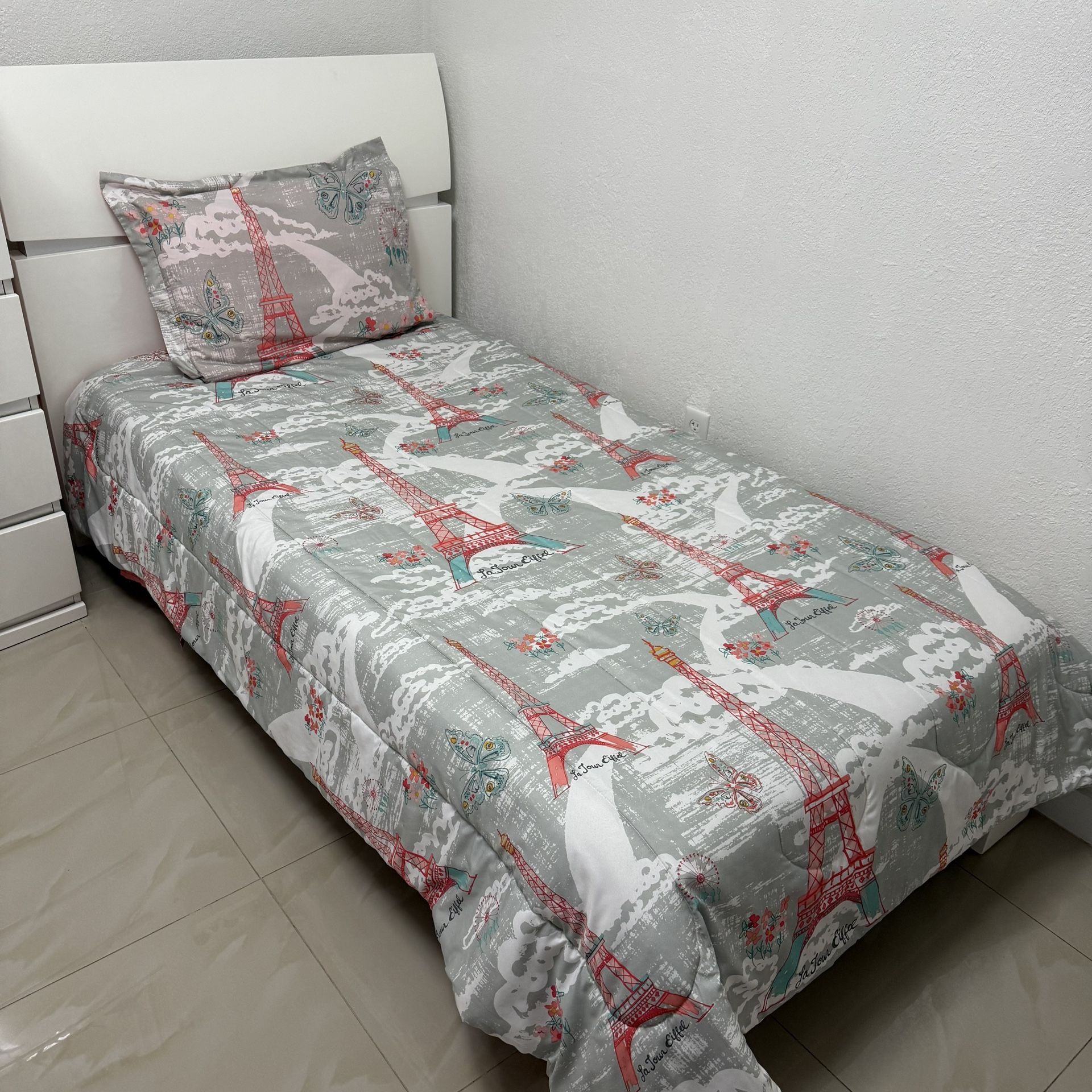 White Twin Bed With Matress