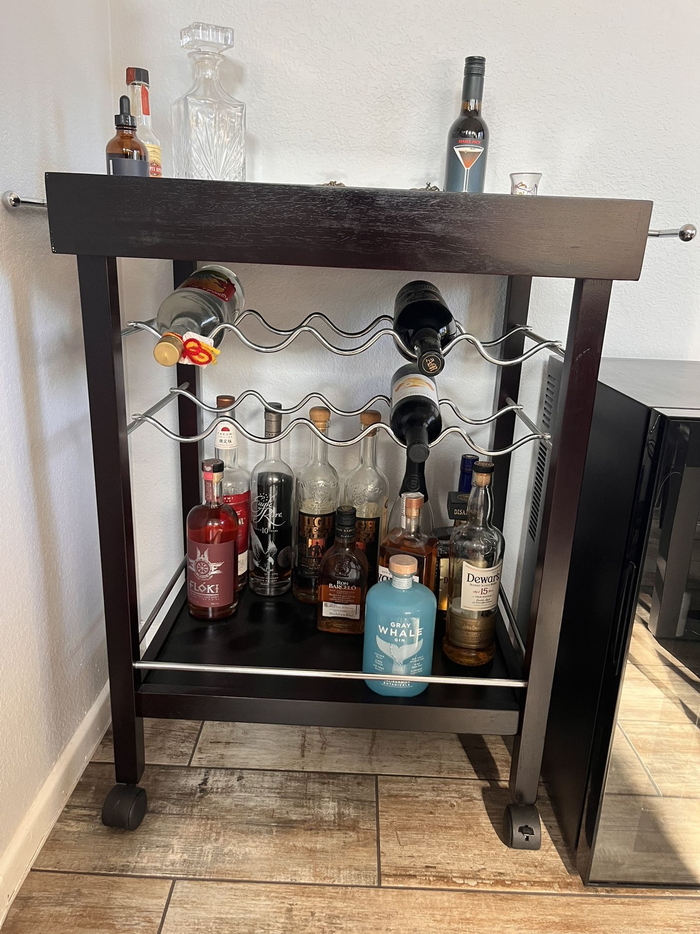 Bar Cart, Wood, Black, Mirror Top