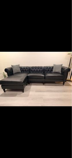 Almost New 180” Faux Leather Chesterfield Sofa & Ottoman