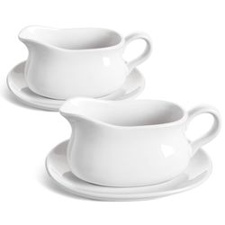 LE TAUCI 17oz Gravy Boat With Saucer Stand, Set Of 2, Ceramic Sauce Boat With Tray For Salad Dressings, Creamer, Broth, Black Pepper, White