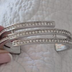 Vtg.Givenchy Contemporary Paved Rhinestones Silver Tone Cuff Bracelet 