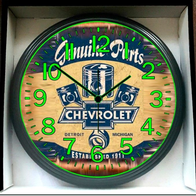 Genuine Chevy Parts Chevrolet Retro Inspired Glow In The Dark Wall Clock New!