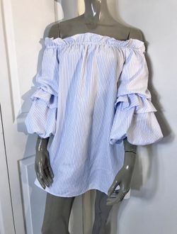 DO + BE Women’s “S” White & Blue Stripes Pattern Ruffle Off Shoulder Short Dress