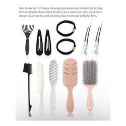 Brand new Hair Brush Set 12 Pieces Detangling Brushes and Combs for Styling Women Paddle Brush Vent Brushes 2pcs white hair clips 2pcs black hairpin 2