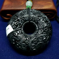 Burmese icy Black type A Jadeite Jade Pendant Lucky Moire Longevity Circle Doughnut. 