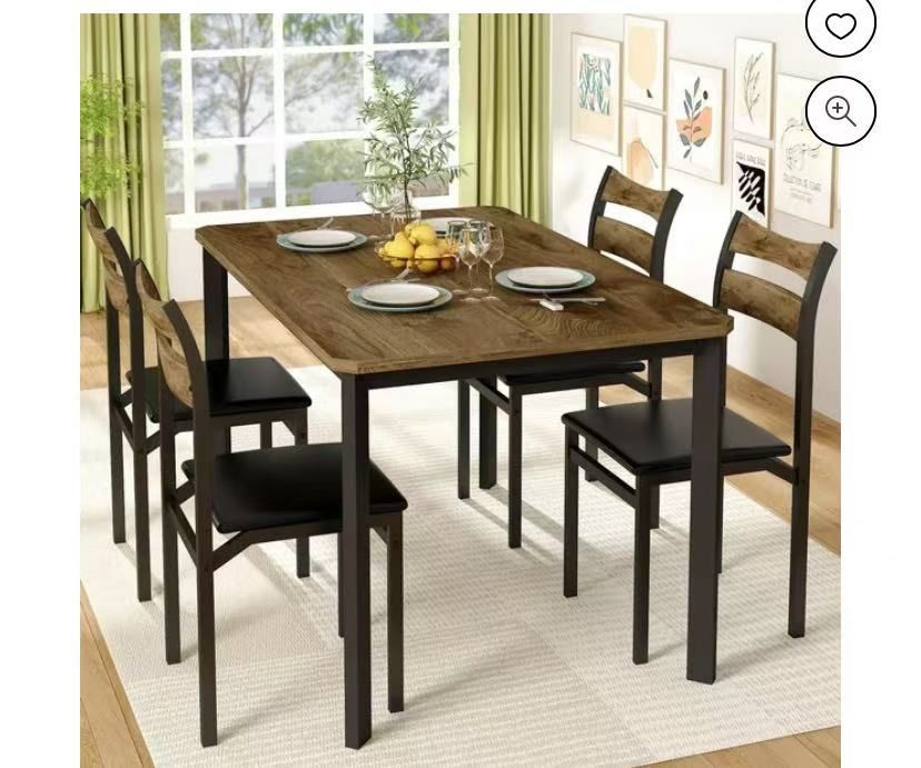 Dining Table Set for 4, 43.3" Dining Room Table with 4 Upholstered PU Leather Chairs, Modern Wood Kitchen Table and Chairs Set, 5-Piece Dinette Set fo
