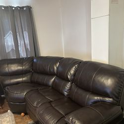 Plush Reclining Brown Leather Sectional L Couch 