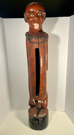 Vintage Bali Tribal Figural Carved Wooden Fertility Slit Drum Red Painted 38”H