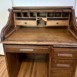 Antique oak rolltop desk with matching oak swivel chair