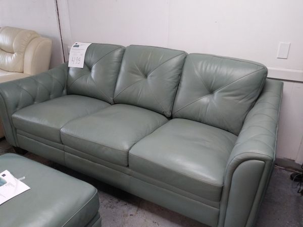 Cindy Crawford Home San Martino Teal Leather Sofa For Sale In
