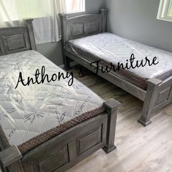 Solid Wood Two Twin Size Bed & 2 Bamboo Mattress 